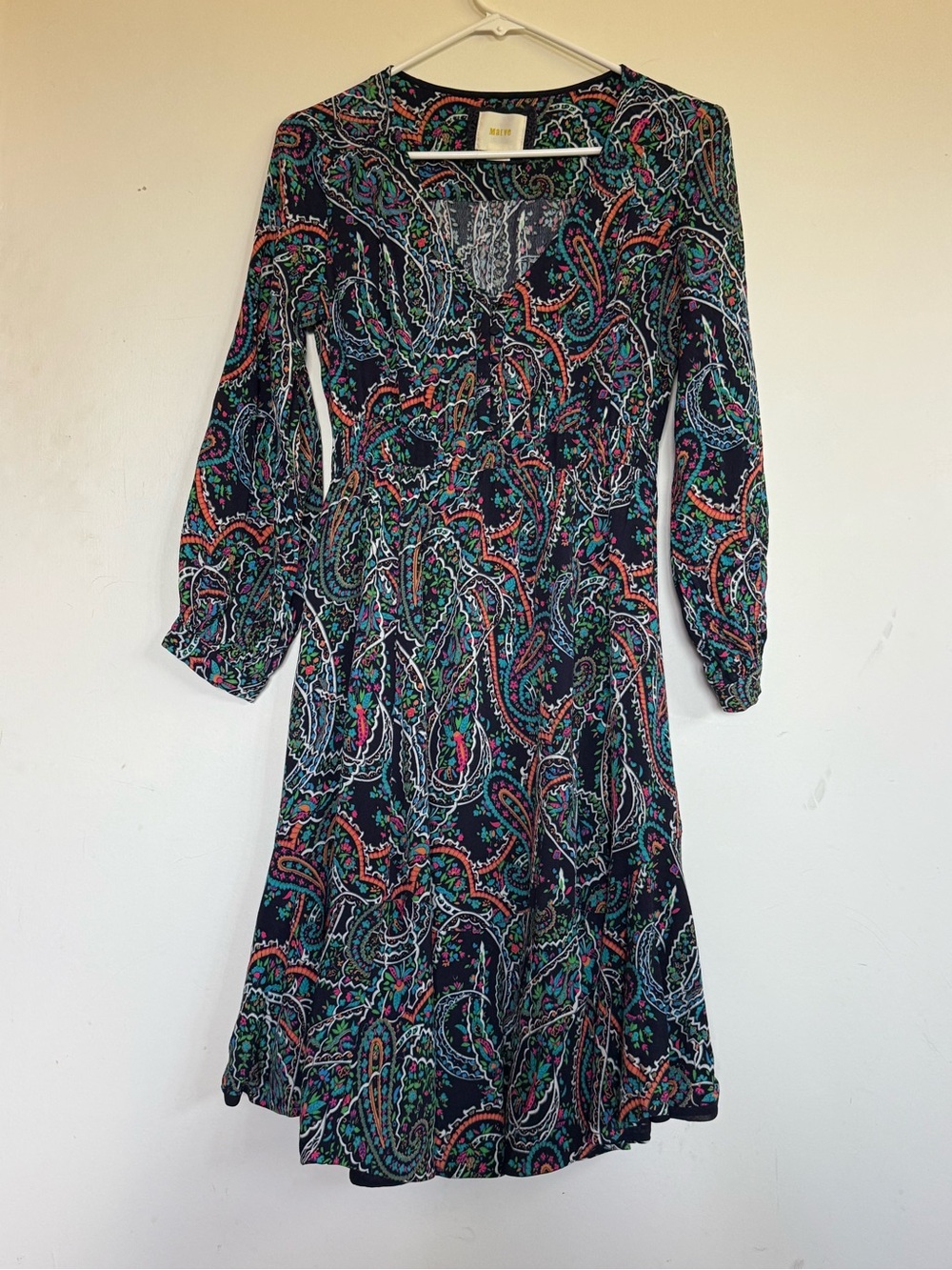Maeve Paisley V‑Neck Long Sleeve Dress